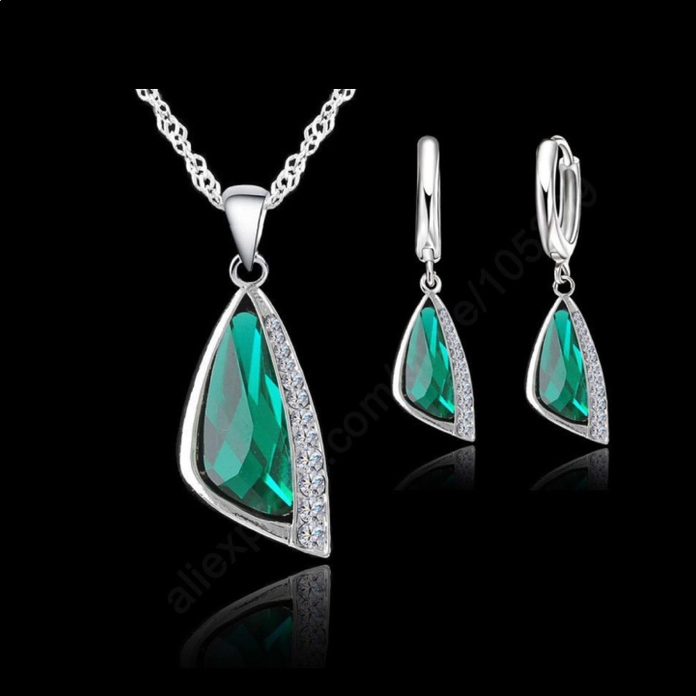 925 Sterling Silver Austrain Crystal Pendant Necklace Hoop Earrings Set